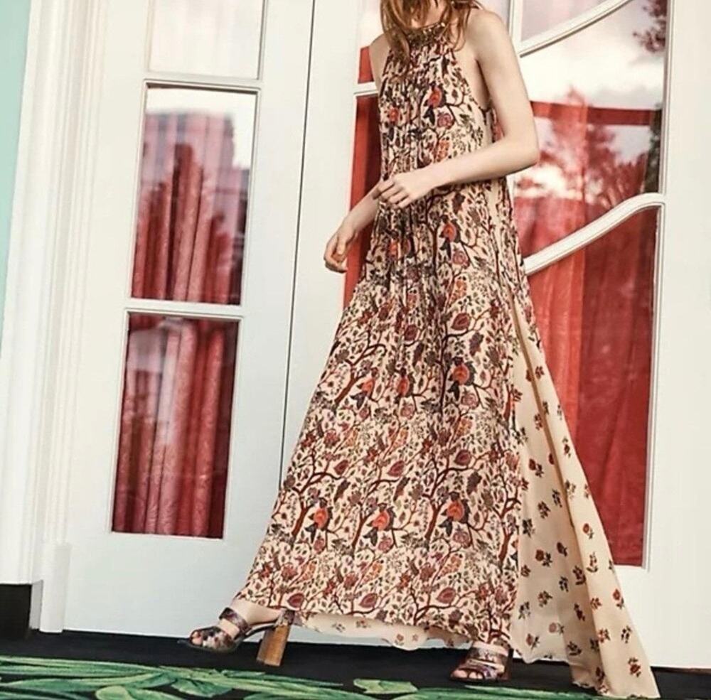 Anthropologie Nikasha Women's Beaded Floral Print Halter Maxi